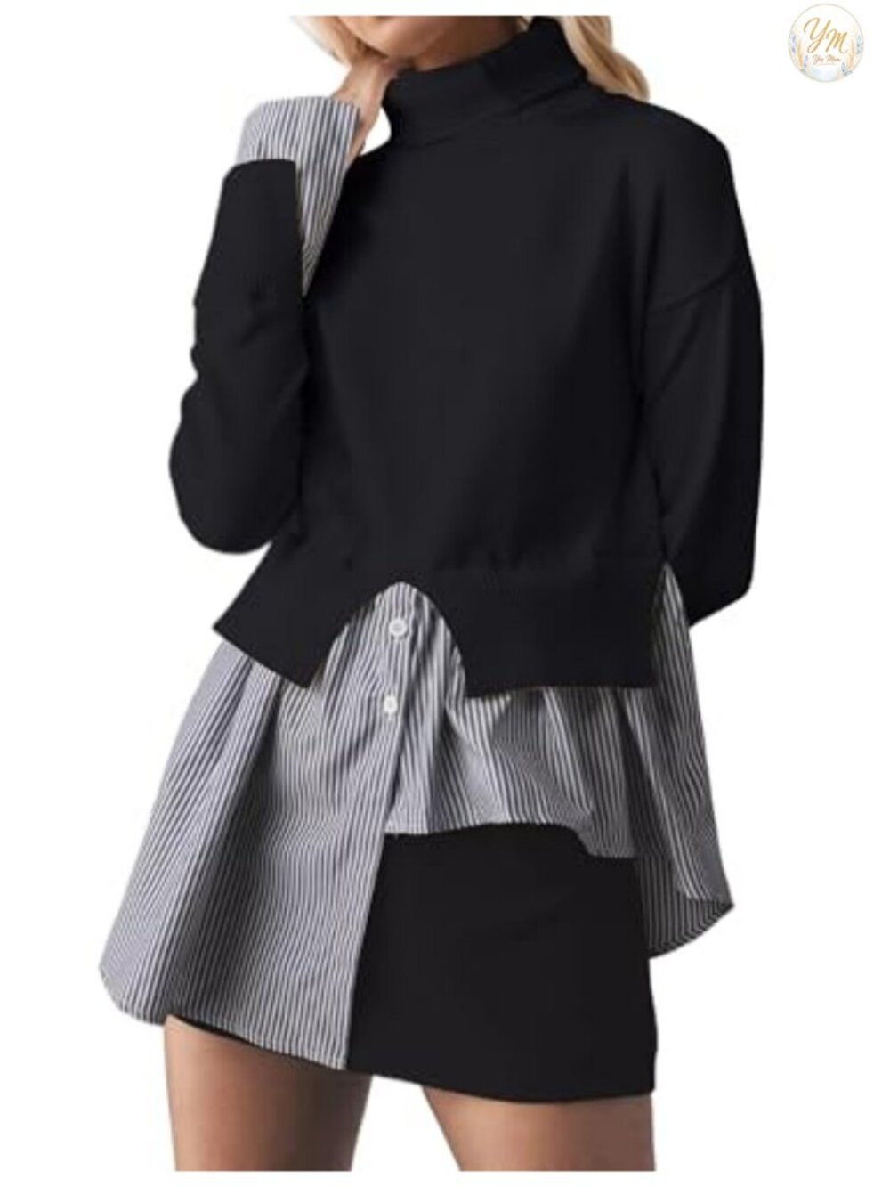 Women's Turtleneck Slit Sweater 80% Viscose Patchwork 2 in 1 Pullover